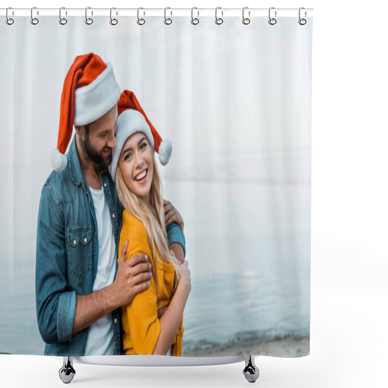 Personality  Smiling Boyfriend In Santa Hat Hugging Girlfriend On Beach Shower Curtains