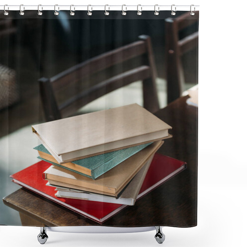 Personality  Close Up Of Heap Of Books On Wooden Tabletop With Copy Space Shower Curtains