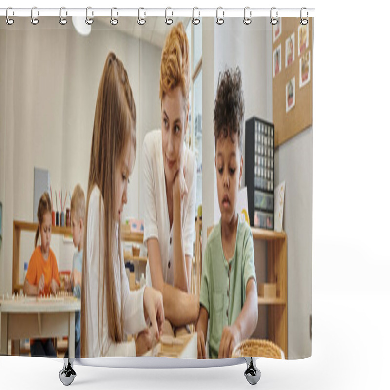 Personality  Teacher Sitting Near Interracial Kids Playing During Lesson In Montessori School, Banner Shower Curtains