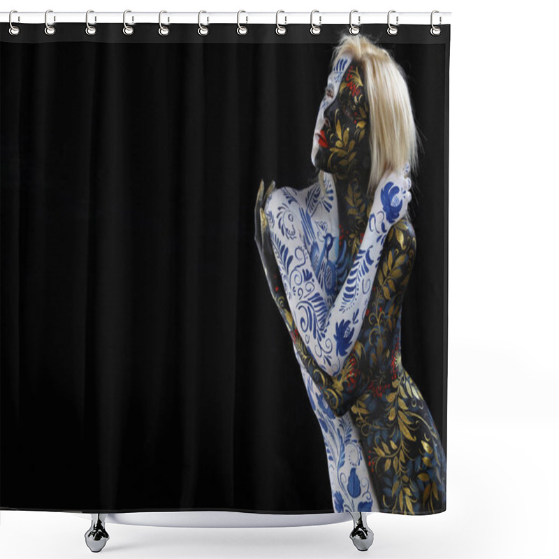 Personality  Body Art Portrait Of A Girl In The Style Of Khokhloma And Gzhel On A Black Background Studio Shower Curtains