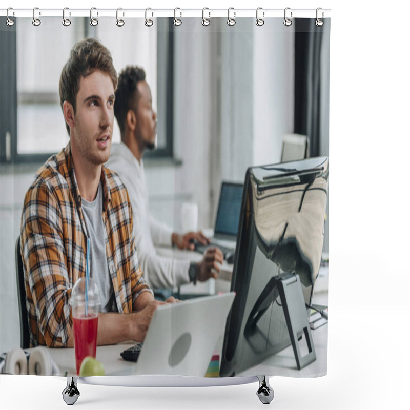 Personality  Thougtful Programmer Looking Up While Working Near African American Colleague Shower Curtains