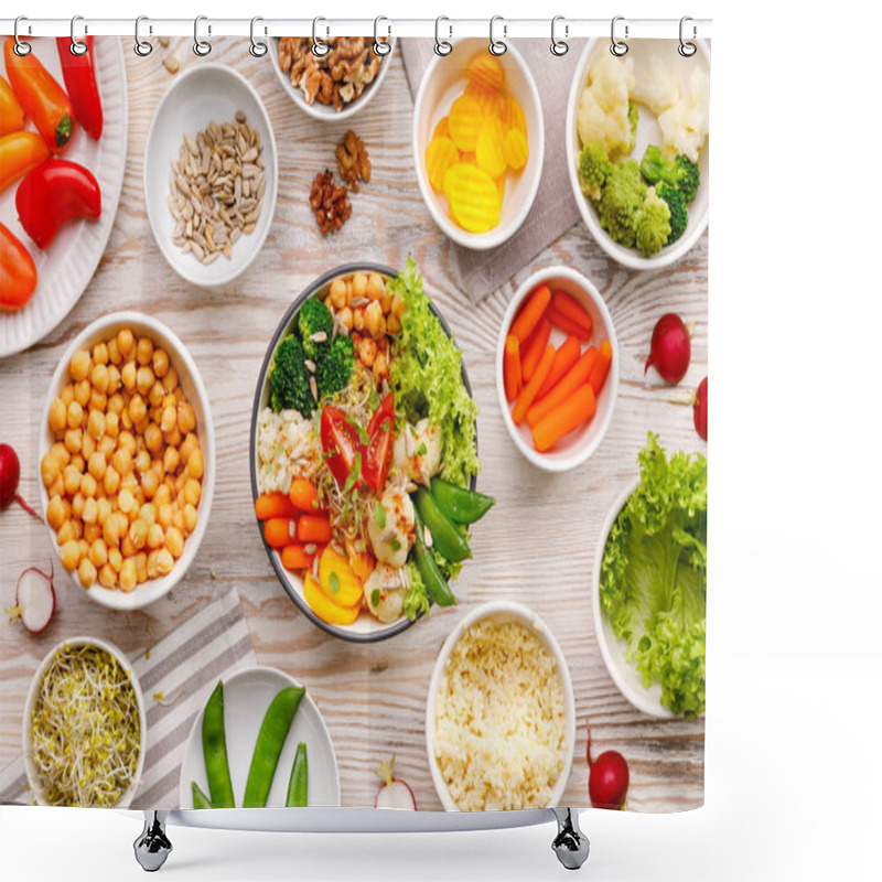 Personality  Buddha Bowl, Healthy And Balanced Vegan Meal, Fresh Salad With A Variety Of Vegetables, Healthy Eating Concept. Top View Shower Curtains