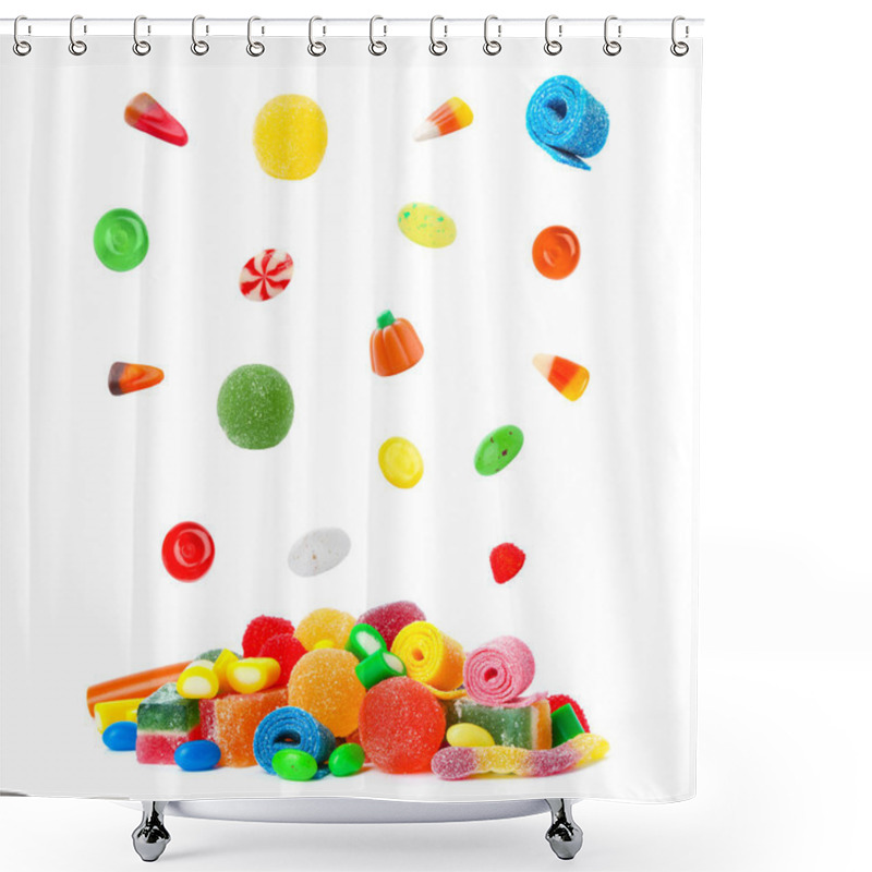 Personality  Many Different Candies Falling Into Pile On White Background Shower Curtains