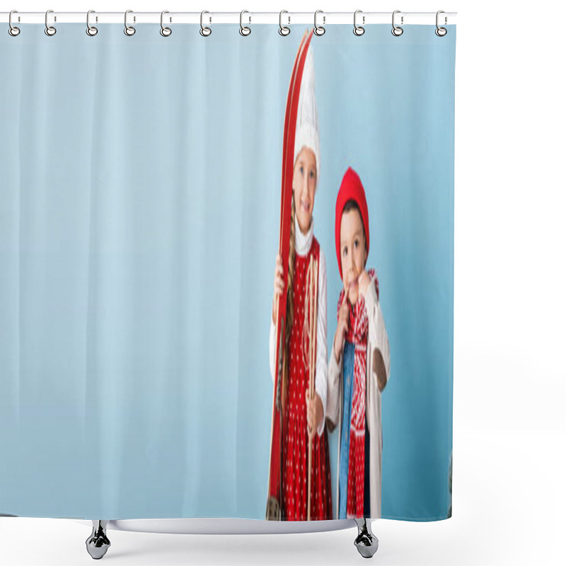 Personality  Horizontal Image Of Kid In Winter Outfit With Ski Poles And Skis Standing Near Brother In Hat On Blue Shower Curtains