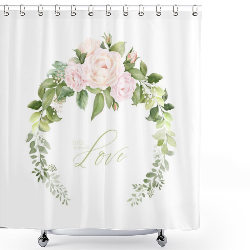 Personality  Watercolor Wreath Frame Design With Pink Roses And Leaves. Floral Vector Arrangements Isolated On White Background, Suitable For Wedding Invitations, Save The Date, Thank You, Or Greeting Cards. Shower Curtains