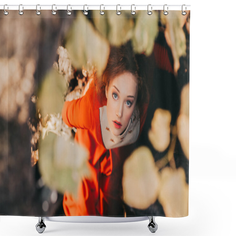 Personality  Redhead Girl In Mysterious Forest Shower Curtains