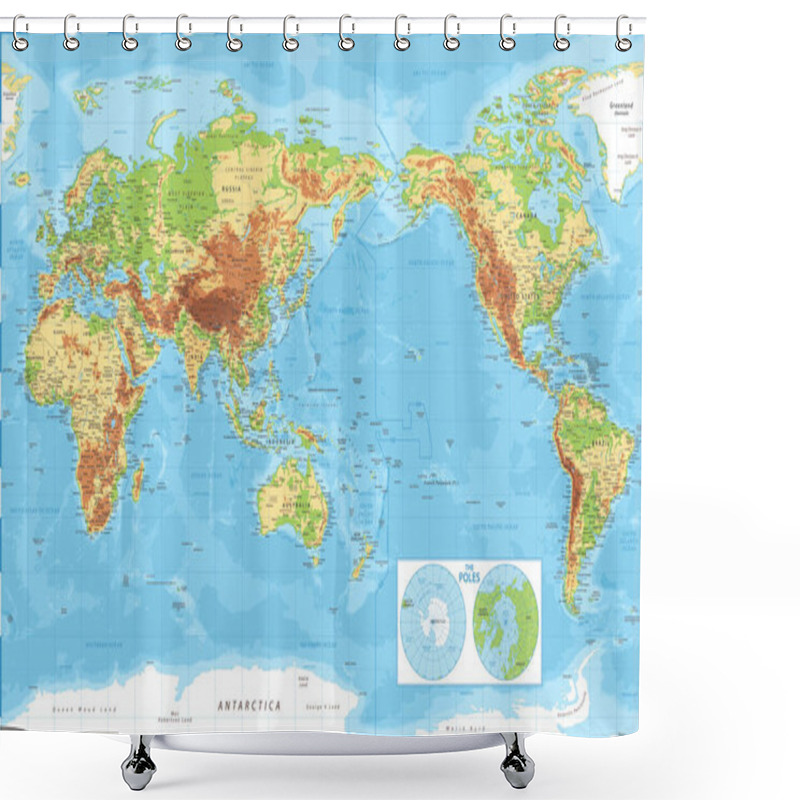 Personality  World Map Pacific China Asia View - Physical Topographic - Vector Detailed Illustration Shower Curtains