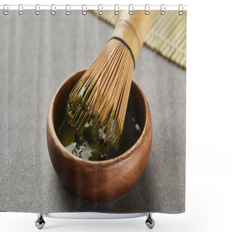 Personality  Selective Focus Of Bamboo Whisk In Wooden Bowl With Green Matcha Powder Shower Curtains