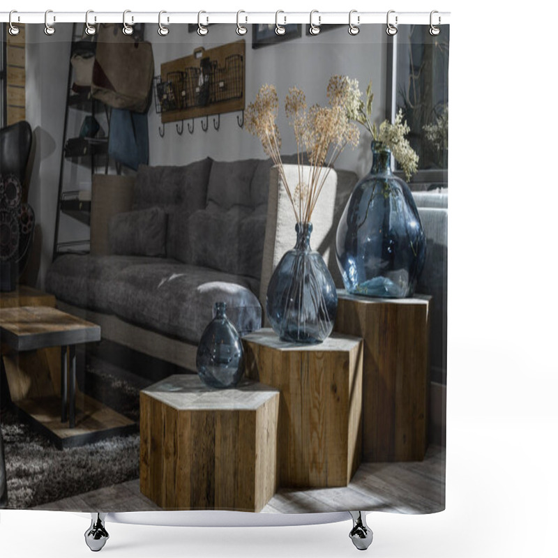 Personality  Interior Of Modern Retro Styled Living Room With Grey Sofa And Vases On Wooden Shelves Shower Curtains