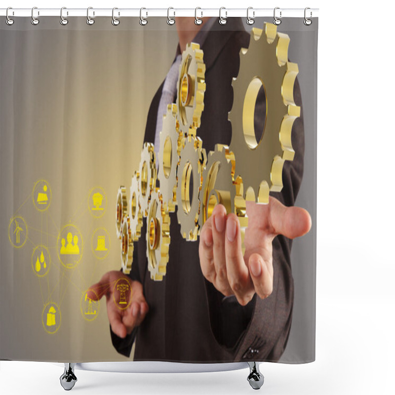 Personality  Businessman Hand Show Golden Gear To Success As Industry Concept Shower Curtains