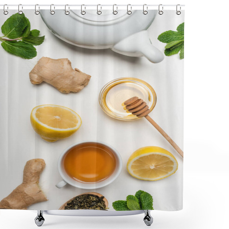 Personality  Top View Of Cup Of Tea Near Ginger And Mint On White Background Shower Curtains