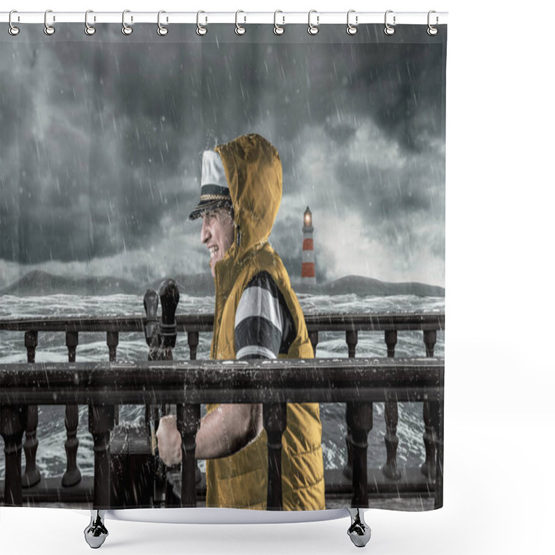 Personality  Helmsman With Vest And Cap Struggle Against Storm In Front Of Stormy Sea Shower Curtains