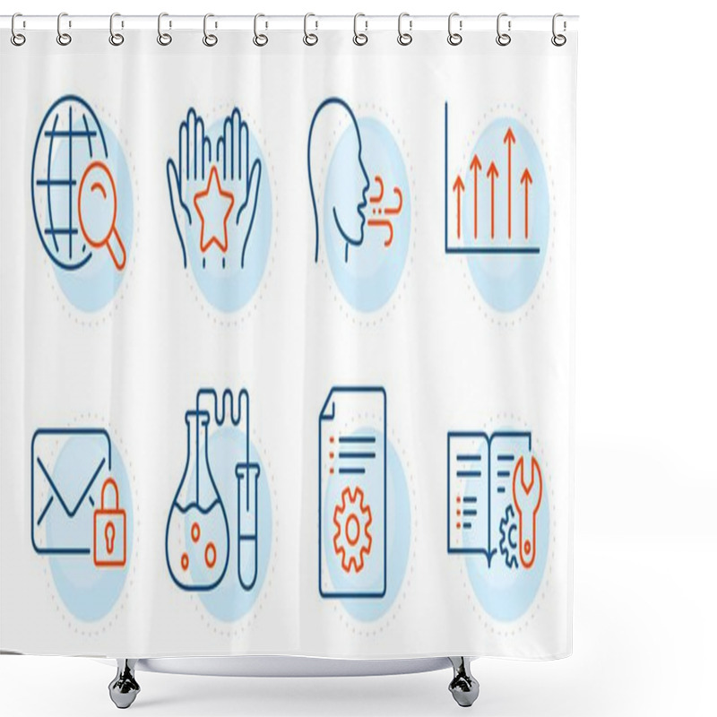 Personality  Ranking, Internet Search And Technical Documentation Signs. Growth Chart, Breathing Exercise And Secure Mail Line Icons Set. Chemistry Lab, Engineering Documentation Symbols. Outline Icons Set. Vector Shower Curtains