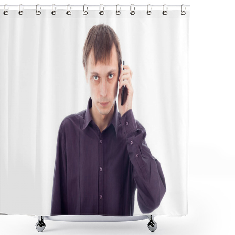 Personality  Serious Weirdo Man On The Phone Shower Curtains