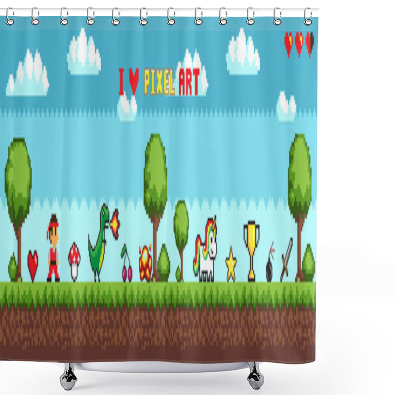 Personality  Pixel Art Style, Character In Game Arcade Play Shower Curtains