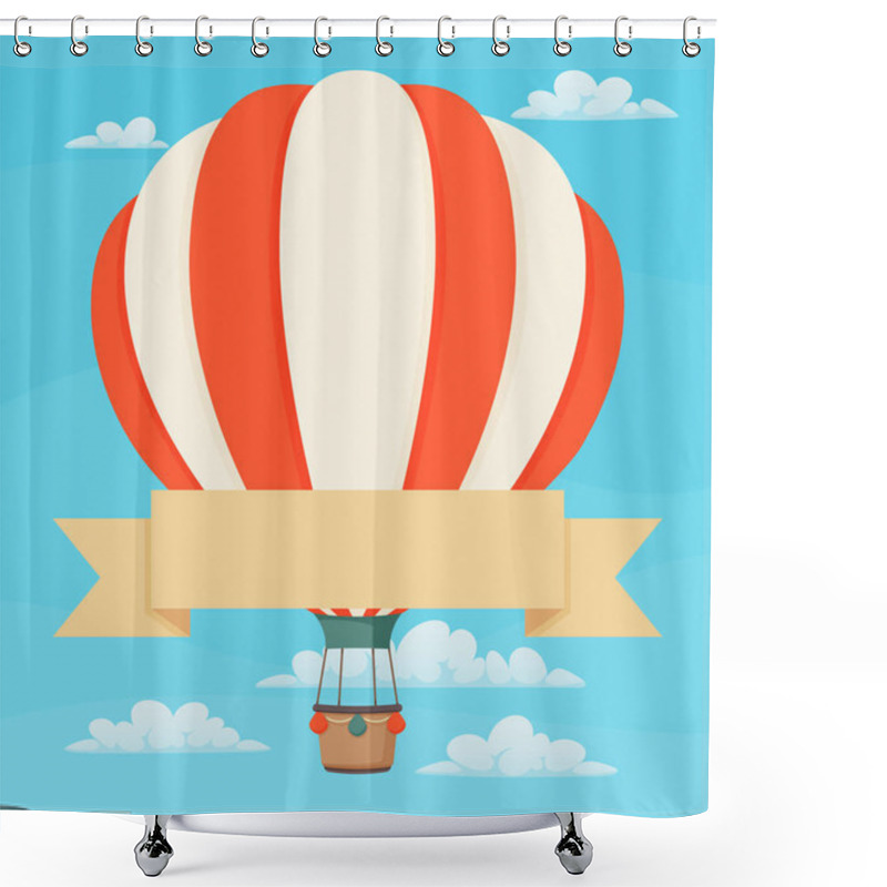 Personality  Striped Red And White Hot Air Balloon With Ribbon And Clouds. Shower Curtains