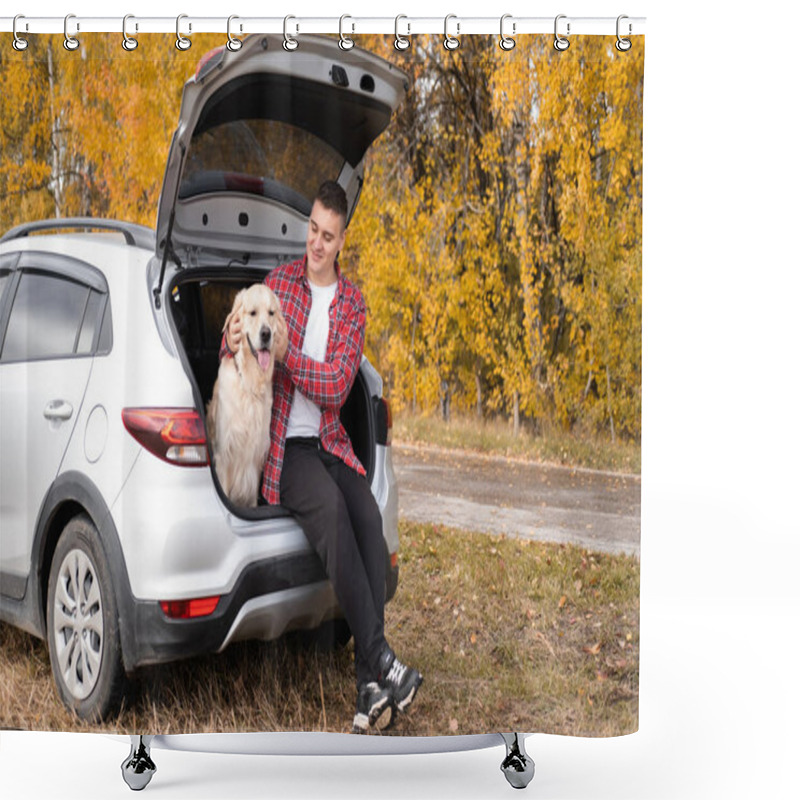 Personality  A Man Sits With His Dog In The Trunk Of A Car In The Autumn Forest. Traveling With A Pet. A Trip To The Nature Of The Golden Retriever And Its Owner. Shower Curtains