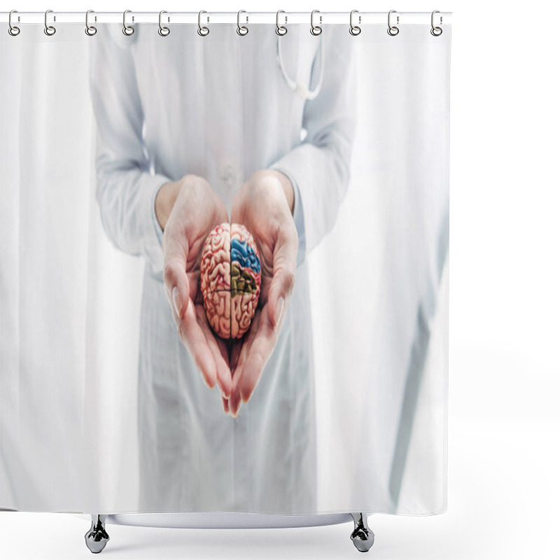 Personality  Cropped View Of Doctor In White Coat Holding Model Of Brain In Clinic  Shower Curtains