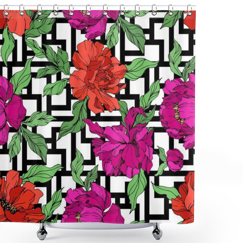 Personality  Peony Floral Botanical Flowers. Black And White Engraved Ink Art. Seamless Background Pattern. Shower Curtains