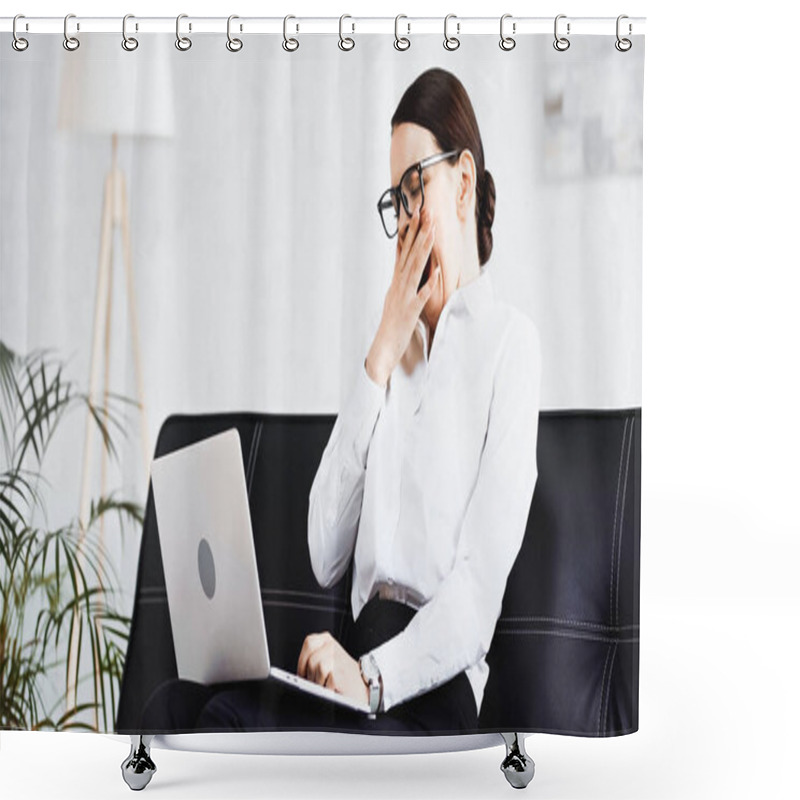 Personality  Sleepy Businesswoman Yawning While Sitting On Sofa With Laptop Shower Curtains