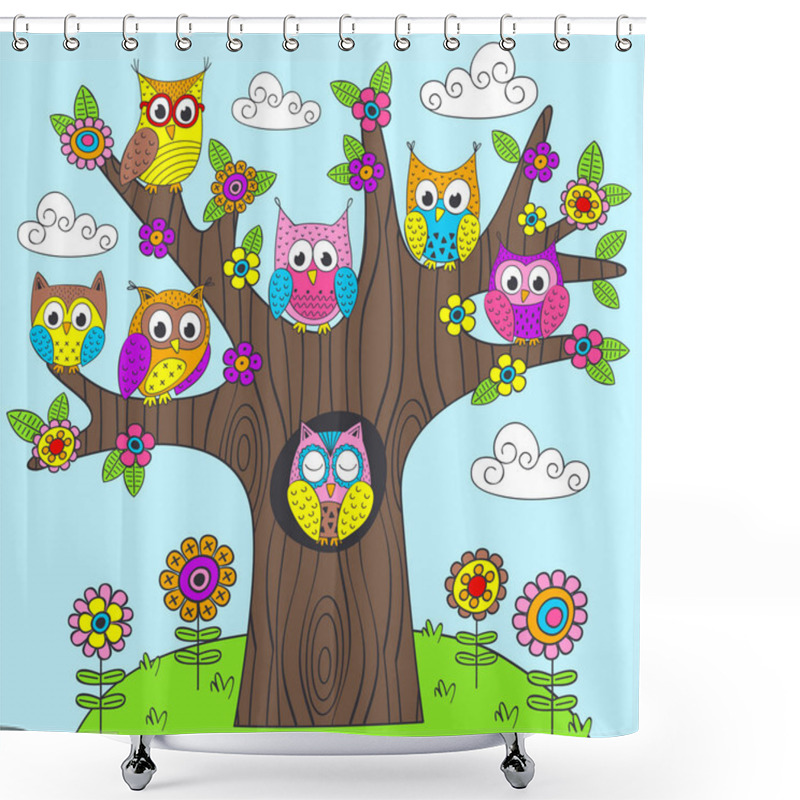 Personality  Funny Owls On The Tree - Vector Illustration, Eps Shower Curtains