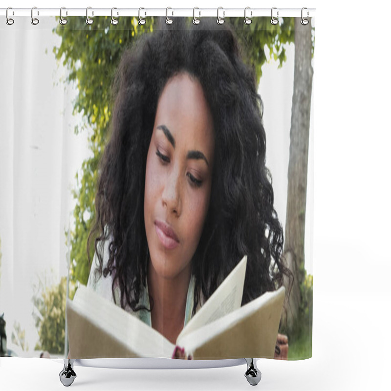 Personality  Curly African American Woman Reading Book In Hardcover  Shower Curtains