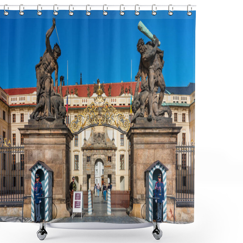 Personality  Prague, Czechia - April 11, 2024: Statues Guard The Grand Entrance Of Prague Castle On A Clear Day With Visitors Exploring The Historic Site. Imposing Statues Stand At The Entrance Of Prague Castle. Shower Curtains