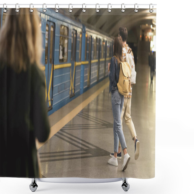 Personality  Rear View Of Stylish Tourists With Backpacks At Metro Station Shower Curtains