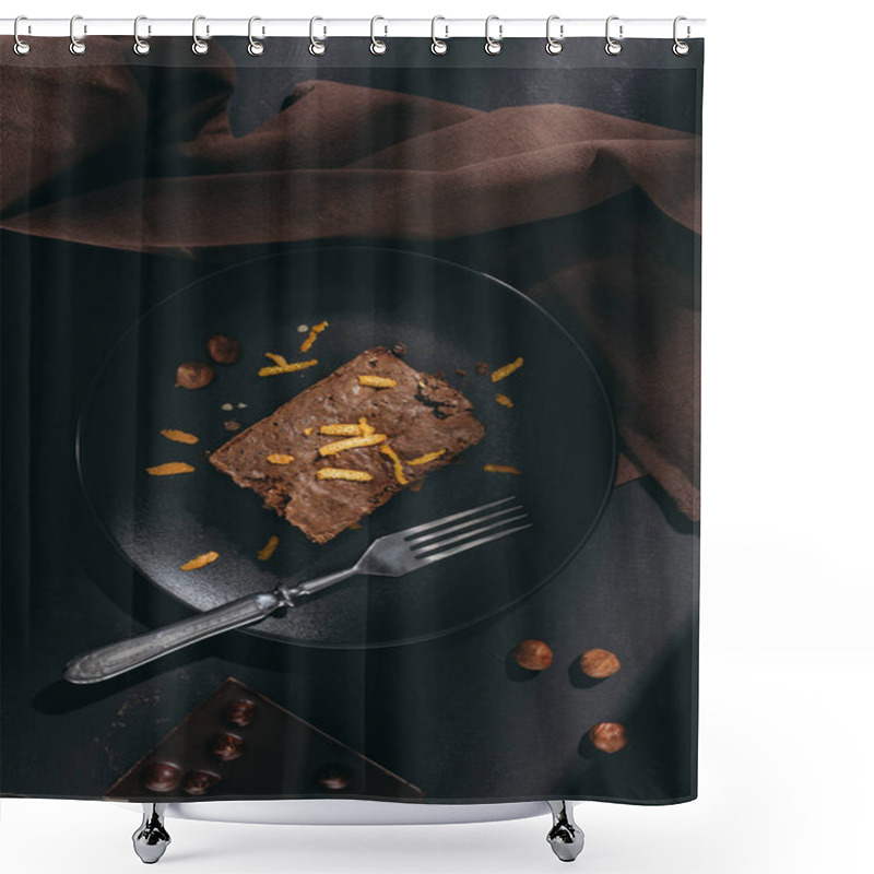 Personality  Top View Of Delicious Chocolate Cake With Orange Zest On Black Plate Shower Curtains