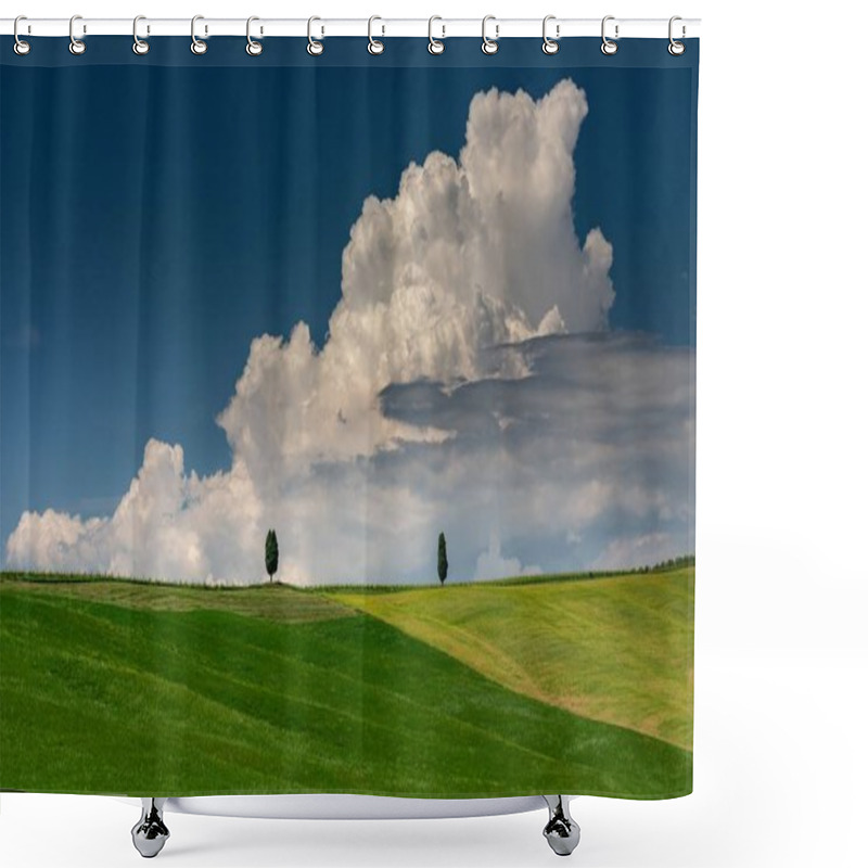 Personality  Landscape Shot Of A Green Hill With Two Green Trees In Val D'orcia Tuscany Italy Shower Curtains