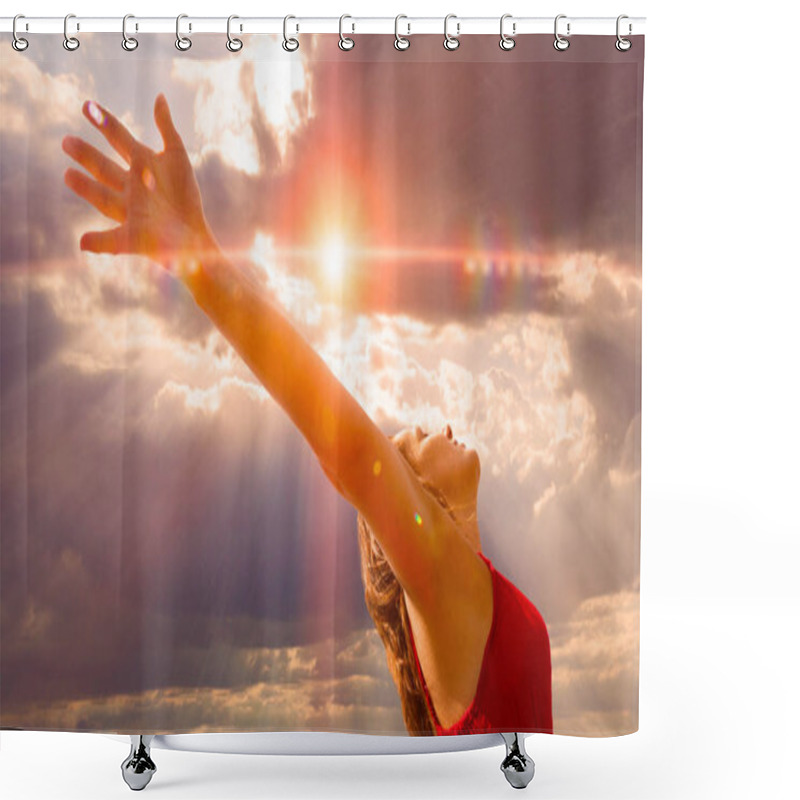 Personality  Freedom And Wellness Concept .Woman With Open Arms  Ans Sunset Landscape Shower Curtains