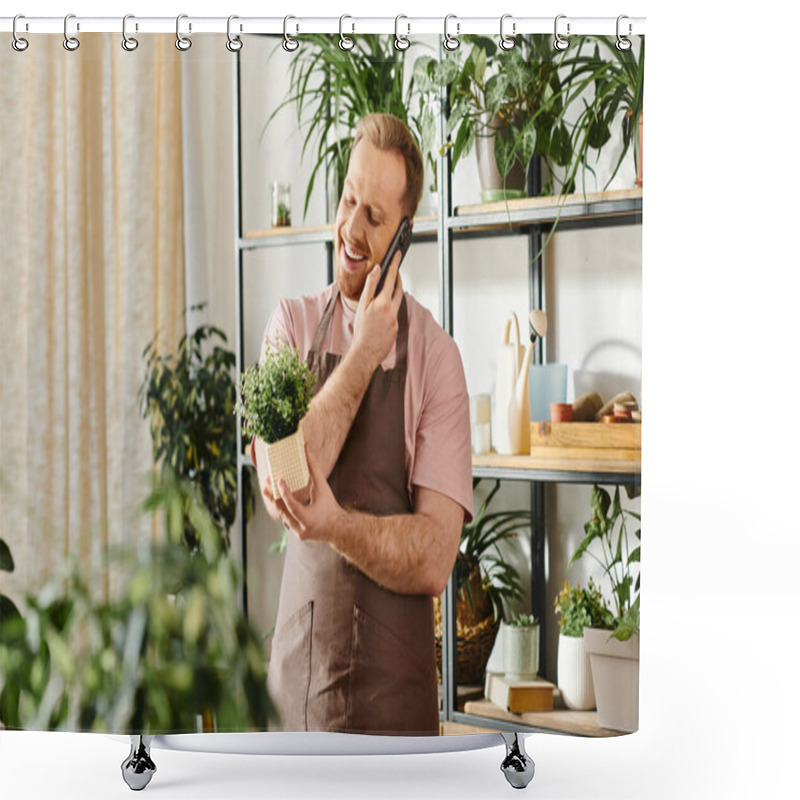 Personality  A Stylish Man Multitasks, Conversing On A Cellphone While Delicately Holding A Potted Plant In A Plant Shop. Shower Curtains