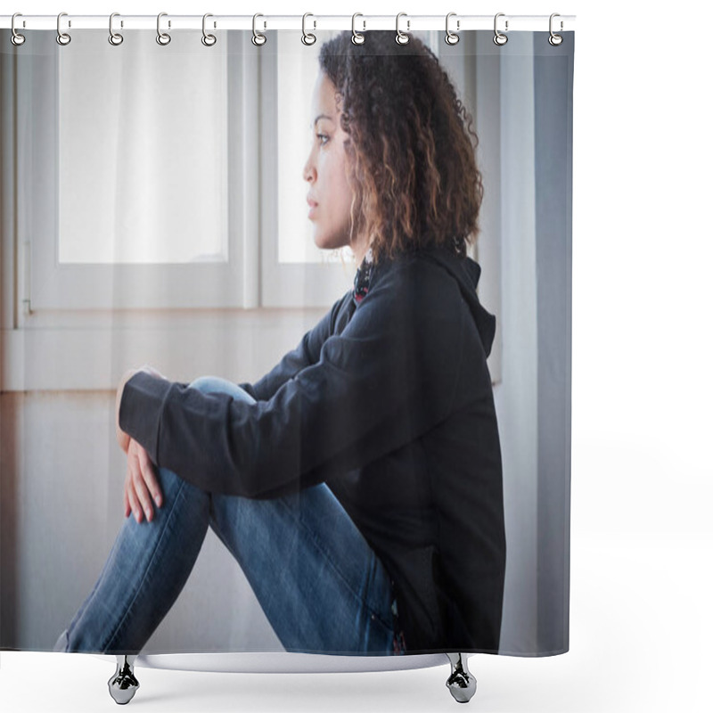 Personality  Alone And Lonely Young Girl Feeling Depressed Shower Curtains