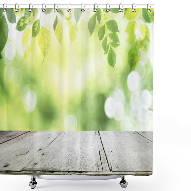 Personality  Empty Table For Present Product With Green Bokeh Background. Shower Curtains