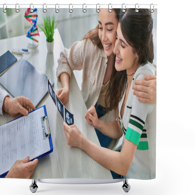 Personality  Lgbt Couple Smiling Hugging And Looking At Ultrasound Of Their Baby, In Vitro Fertilization Concept Shower Curtains