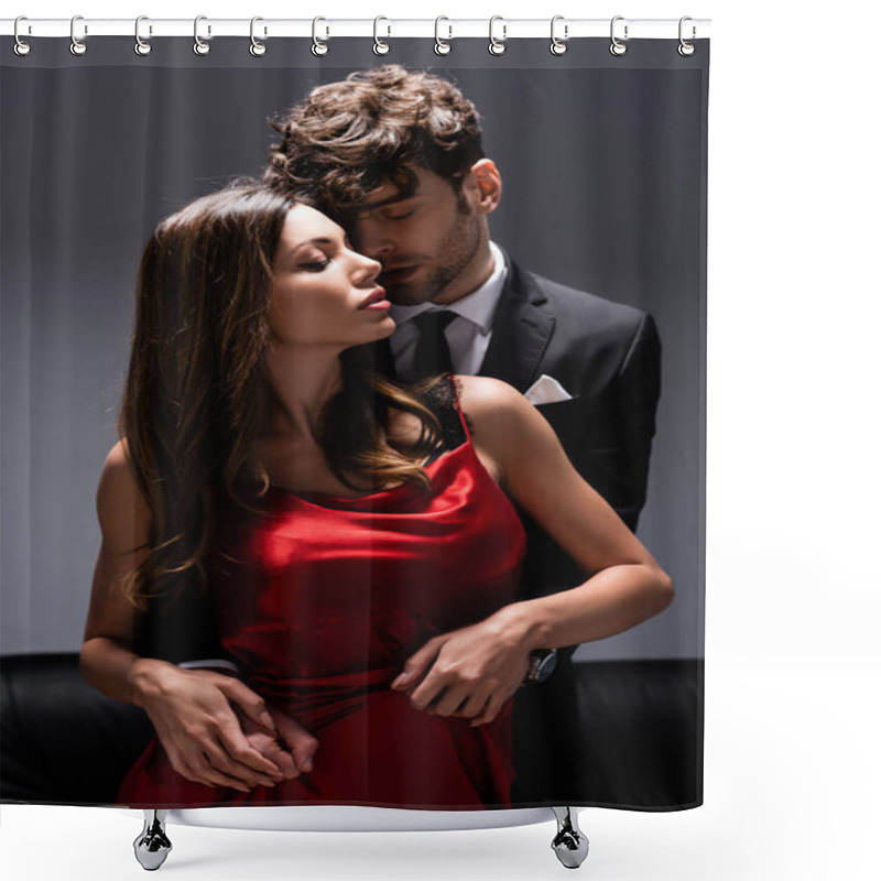 Personality  Handsome Man In Suit Embracing Sensual Woman In Red Dress On Grey Shower Curtains