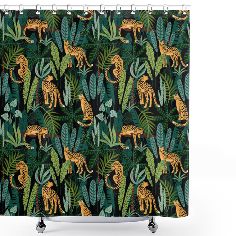 Personality  Vestor Seamless Pattern With Leopards And Tropical Leaves. Shower Curtains