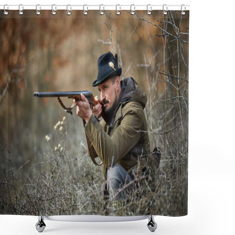 Personality  Hunter With Double Barrel Gun Sitting On Grass And Aiming Shower Curtains