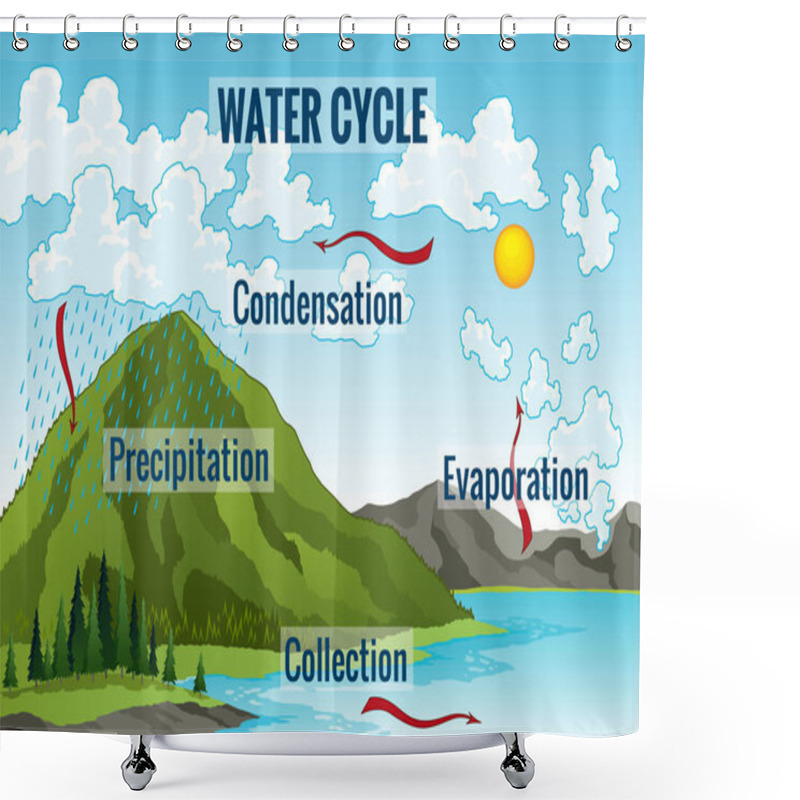 Personality  Water Cycle Diagram. Earth Hydrologic Process. Environmental Circulation Scheme With Rain Precipitation, Cloud Condensation, Evaporation And Runoff Collection. Cycle Water In Nature Environment. Shower Curtains