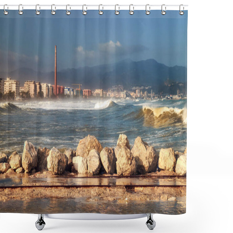 Personality  Foamy Waves Of The Alboranian Sea In The Foreground And Malaga City At The Foot Of The Mountains In The Background In Stormy Weather. Spain. Andalusia. Shower Curtains