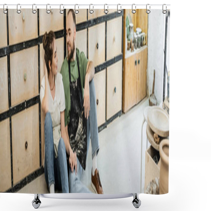 Personality  Smiling Couple Of Sculptors Sitting On Floor Near Cupboard In Ceramic Workshop, Banner Shower Curtains