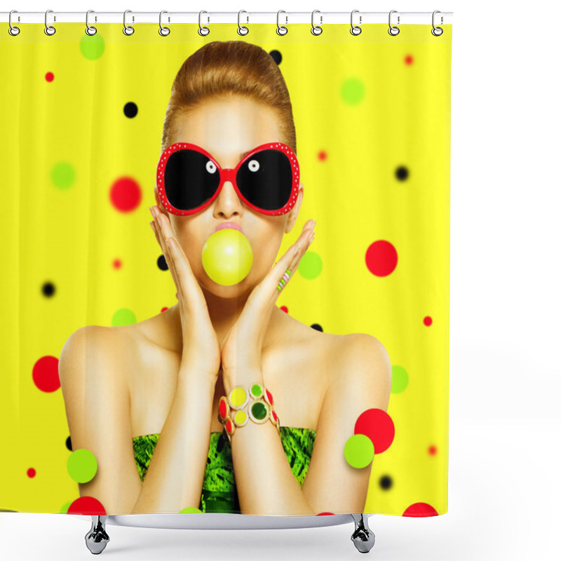 Personality  Woman In Sunglasses Blowing Gum Bubble Shower Curtains