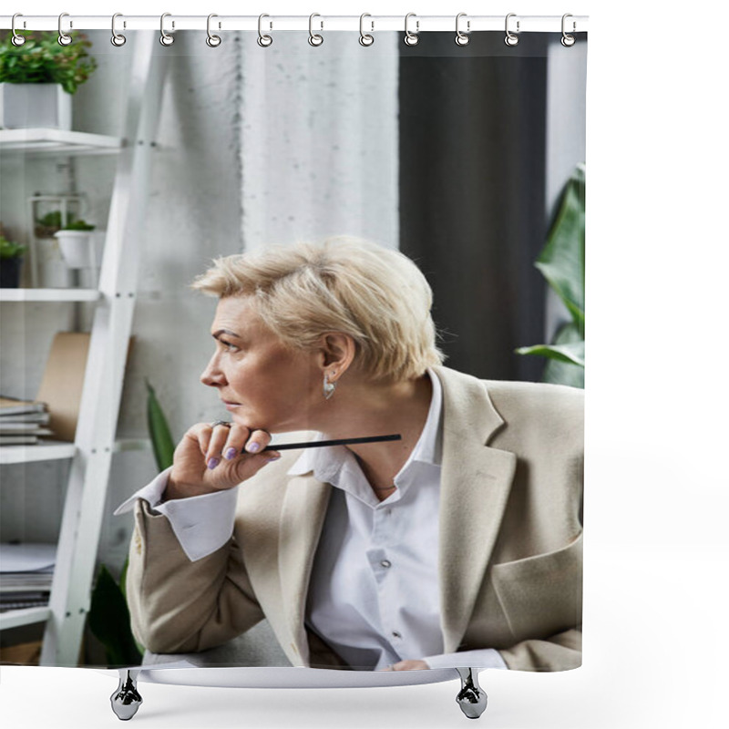 Personality  An Adult Woman Dressed Elegantly Ponders Ideas While Seated In A Contemporary Workspace. Shower Curtains