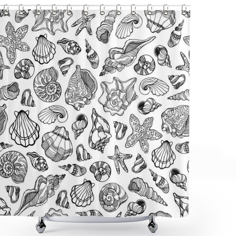 Personality  Seamless Pattern With Hand Drawn Seashells And Starfishes.  Sea Theme. Vector Graphic Illustration. Shower Curtains