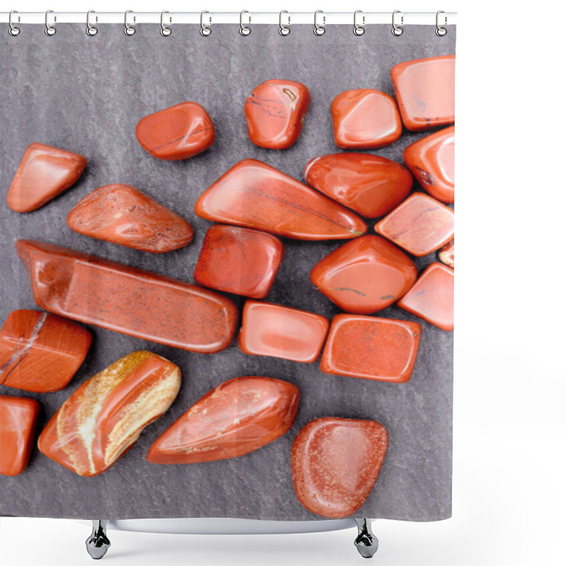 Personality  Red Jasper Heap Up Jewel Stones Texture On Brown Varnished Wood Background Shower Curtains