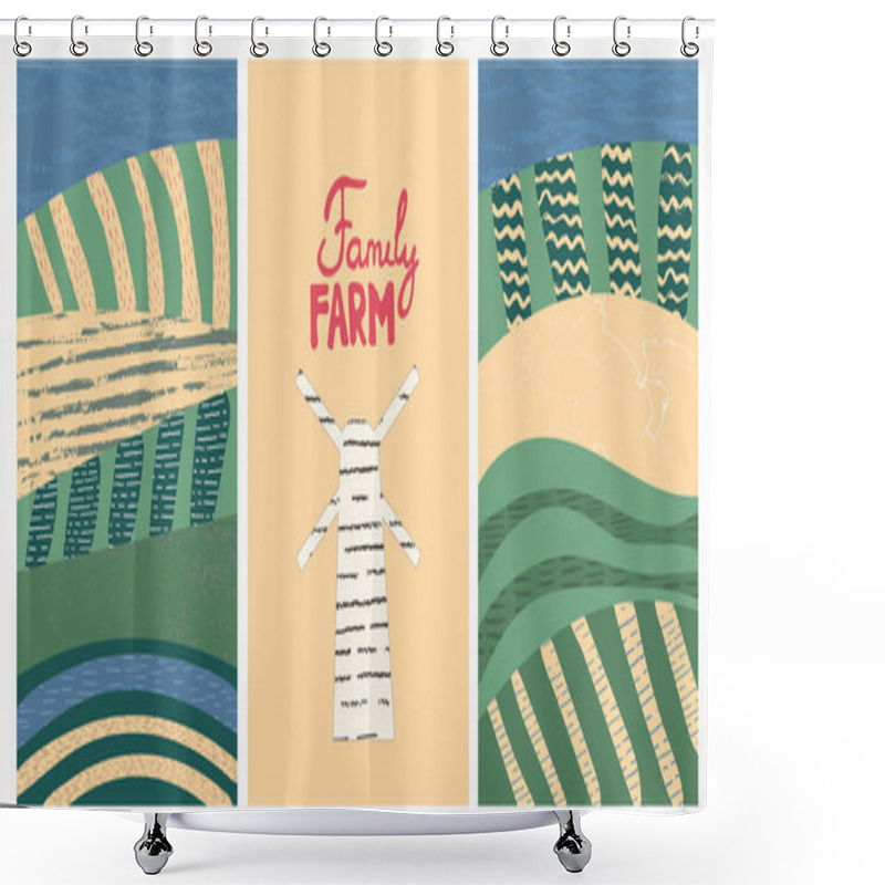 Personality  Set Landscape Vector Illustration, Family Farm And Beautiful Summer Fields With A Dawn, Green Hills, Blue Sky Country Background In Flat Cartoon Style Banner Shower Curtains