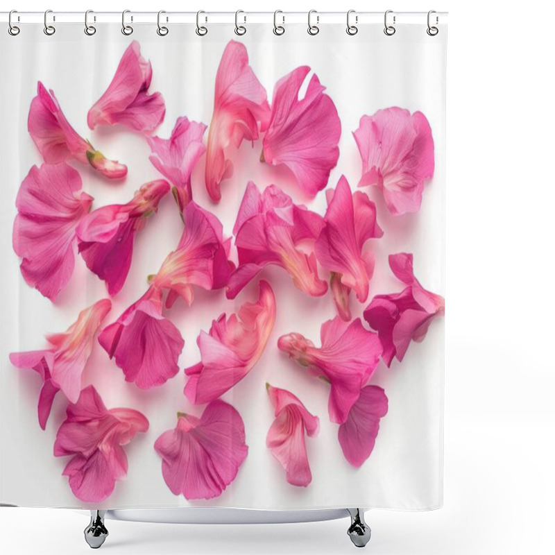 Personality  A Vibrant Collection Of Pink Flower Petals Scattered Elegantly On A White Surface, Creating A Soft And Romantic Ambiance. Shower Curtains