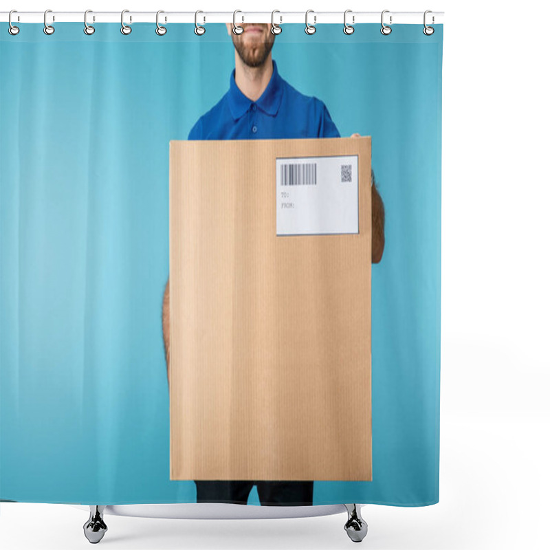 Personality  Cropped View Of Courier Holding Cardboard Box With Qr And Barcode On Card Isolated On Blue Shower Curtains