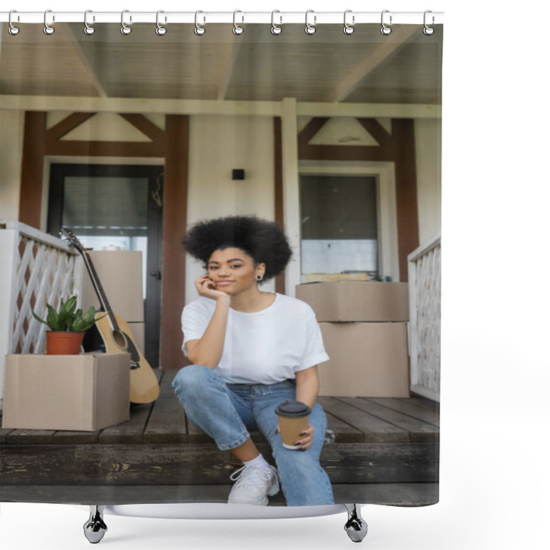 Personality  African American Woman Looking At Camera While Holding Coffee To Go On Porch Of New House Shower Curtains