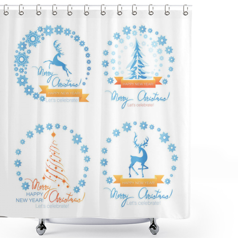 Personality  Winter. Deer, Fir-tree To Snowflakes. Set Of Emblems. Merry Christmas!. Happy New Year!.  Shower Curtains